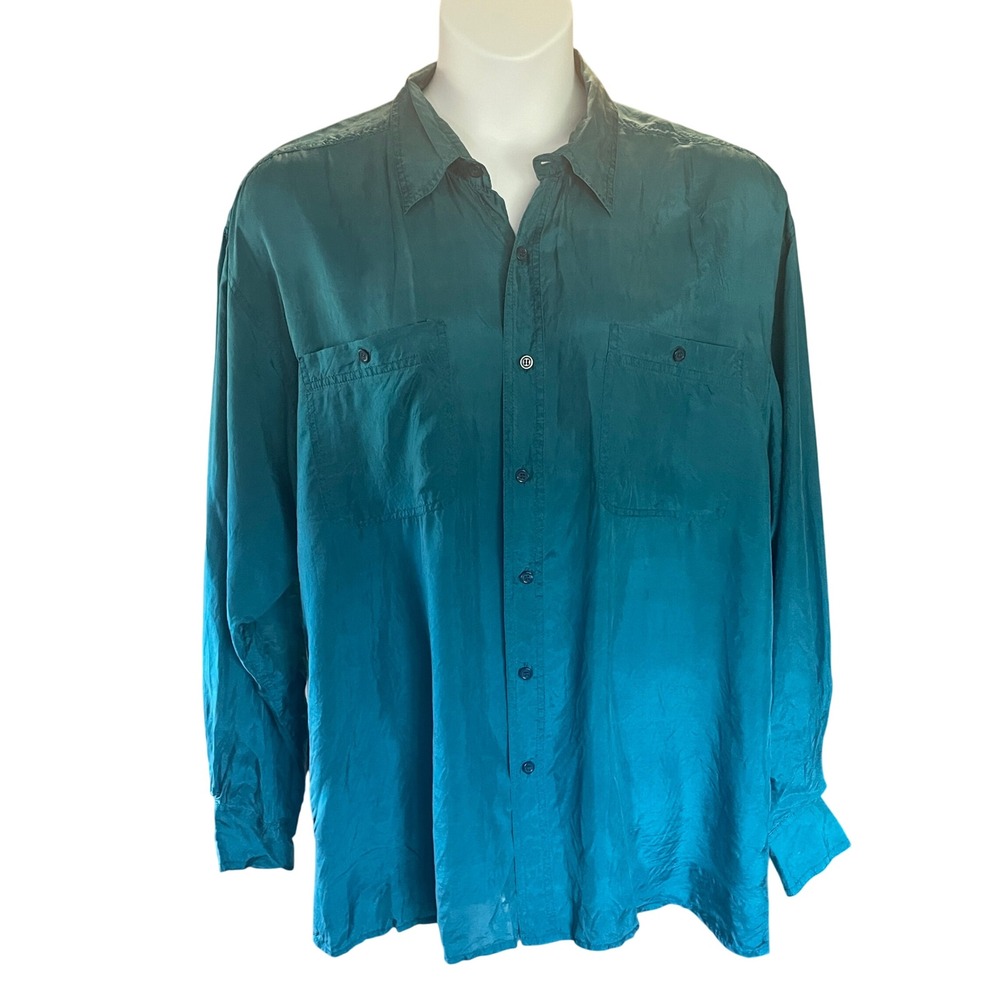 Bogari Womens Vintage Y2K Minimalist Silk Button Up Shirt XL Teal Coastal Luxury